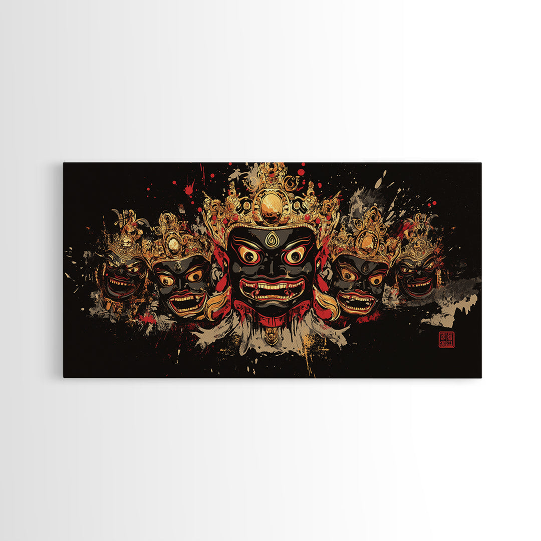 African Tribal Mask Gold Canvas Art, Ethnic Splatter Canvas Print, Real Wood Frame Wall Décor, Cultural Bold Statement Artwork