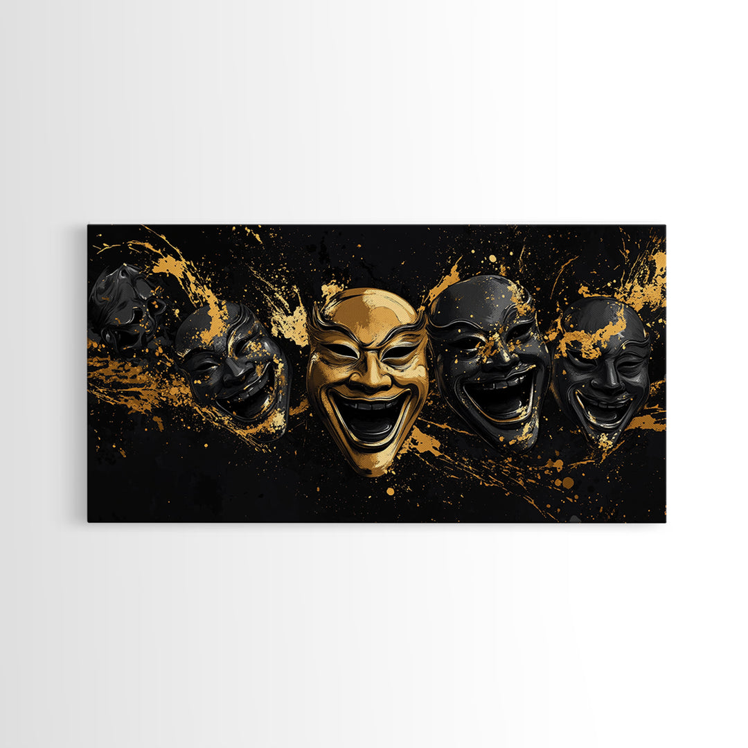 Fierce Demon Mask Gold Canvas Print, Splatter Abstract Mask Art On Canvas, Real Wood Frame Wall Décor, Bold Gothic Artwork