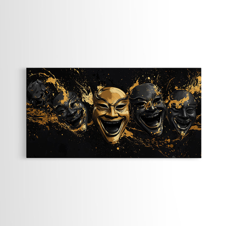 Fierce Demon Mask Gold Canvas Print, Splatter Abstract Mask Art On Canvas, Real Wood Frame Wall Décor, Bold Gothic Artwork
