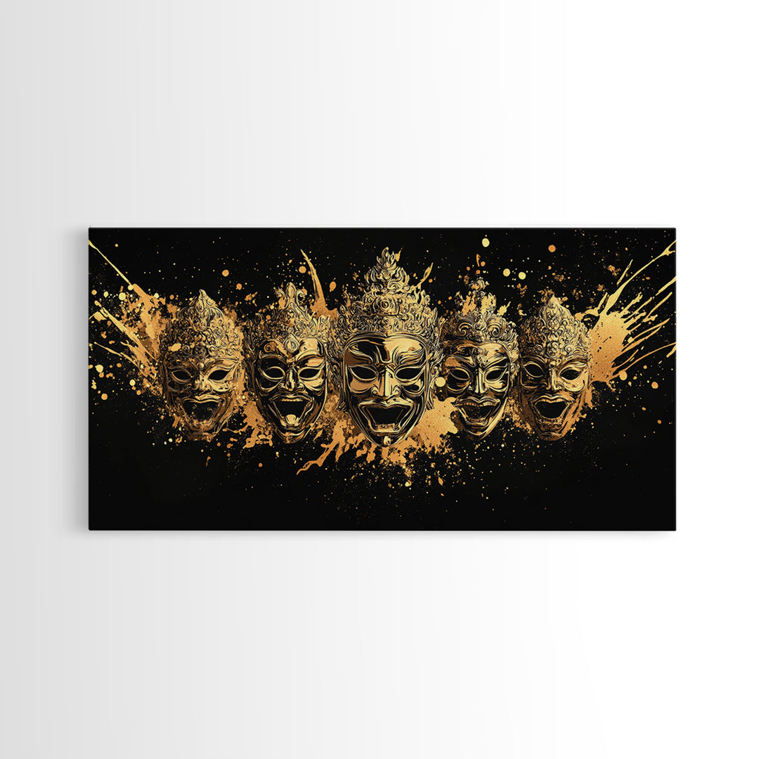 Warrior Mask Set Gold Canvas Art, Splatter Tribal Mask Canvas Print, Real Wood Frame Wall Décor, Dramatic Cultural Statement Art