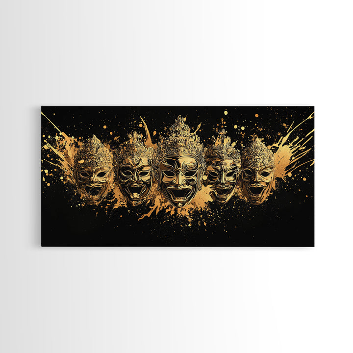 Warrior Mask Set Gold Canvas Art, Splatter Tribal Mask Canvas Print, Real Wood Frame Wall Décor, Dramatic Cultural Statement Art