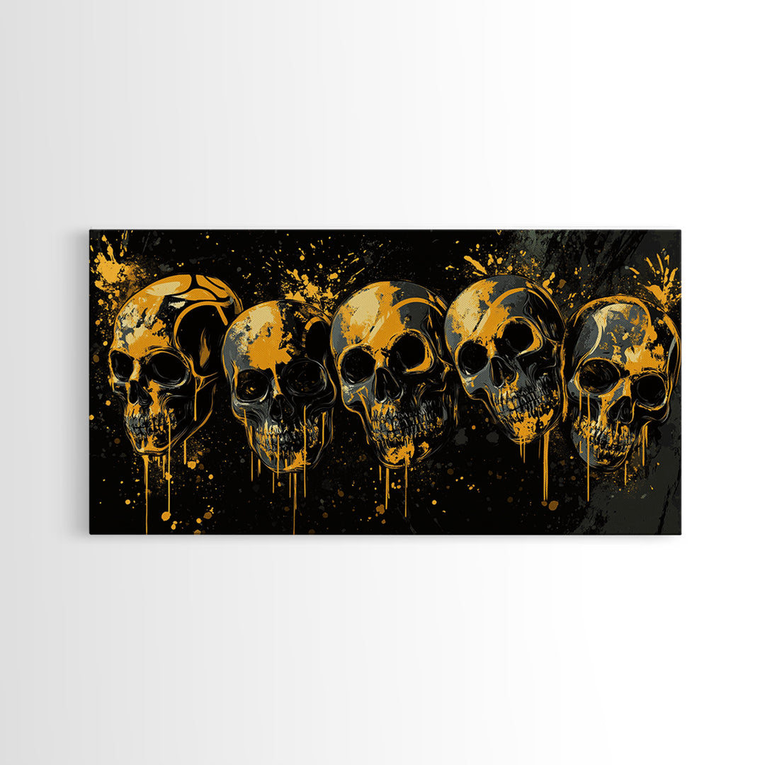 Dark Skull Mask Gold Canvas Print, Splatter Gothic Art On Canvas, Real Wood Frame Wall Décor, Macabre Dramatic Wall Artwork