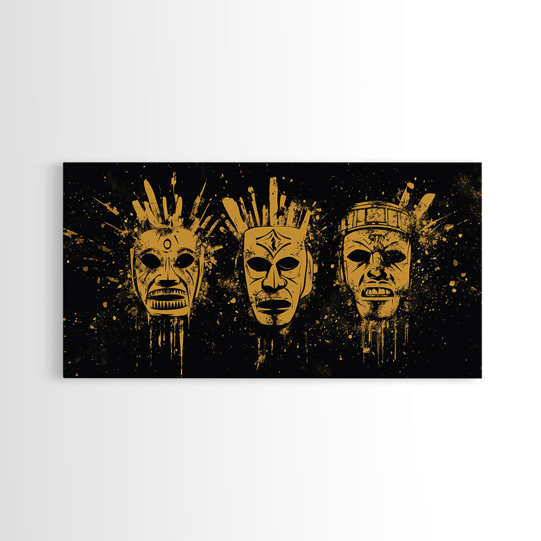 Mystical Sacred Mask Gold Canvas Art, Ornate Splatter Mask Canvas Print, Real Wood Frame Wall Décor, Spiritual Bold Statement Artwork