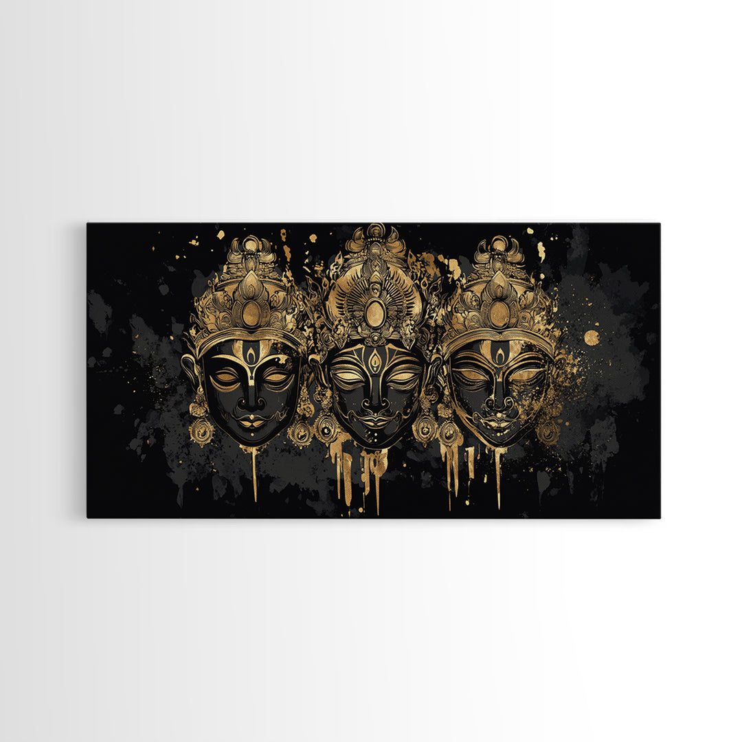 Ornate Demon Mask Gold Canvas Print, Splatter Tribal Art On Canvas, Real Wood Frame Wall Décor, Fierce Gothic Statement Artwork