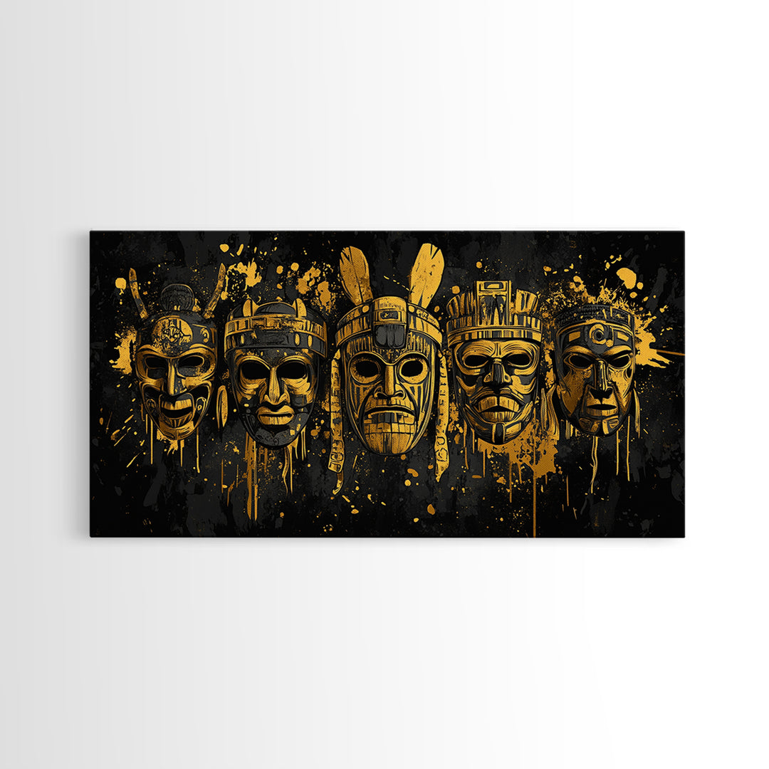 Mythical Demon Mask Gold Canvas Art, Splatter Fierce Mask Canvas Print, Real Wood Frame Wall Décor, Bold Dramatic Statement Artwork