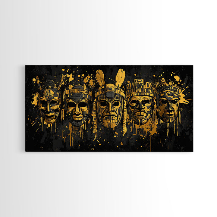 Mythical Demon Mask Gold Canvas Art, Splatter Fierce Mask Canvas Print, Real Wood Frame Wall Décor, Bold Dramatic Statement Artwork