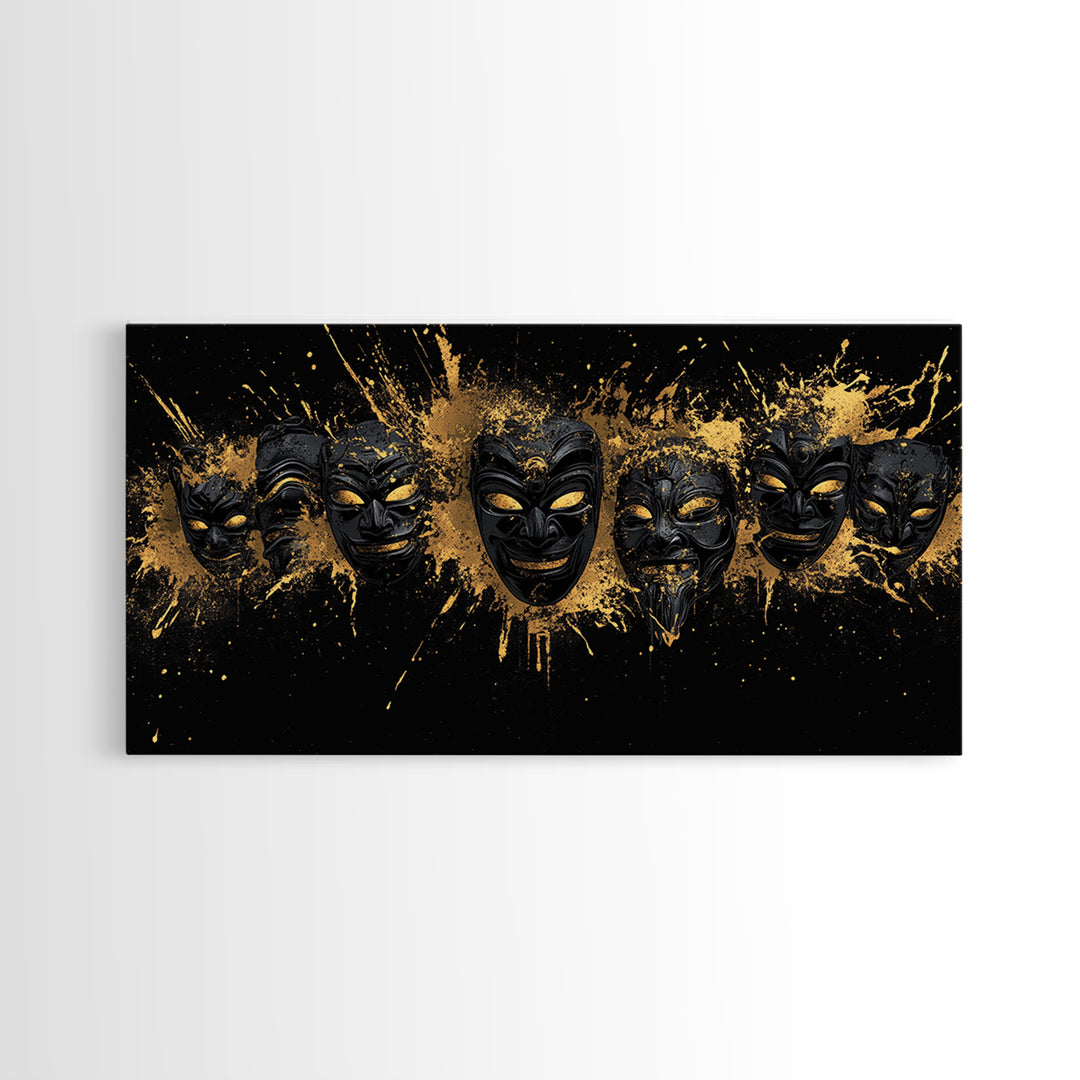 Fiery Demon Mask Gold Canvas Print, Ornate Splatter Mask Art On Canvas, Real Wood Frame Wall Décor, Bold Cultural Wall Artwork