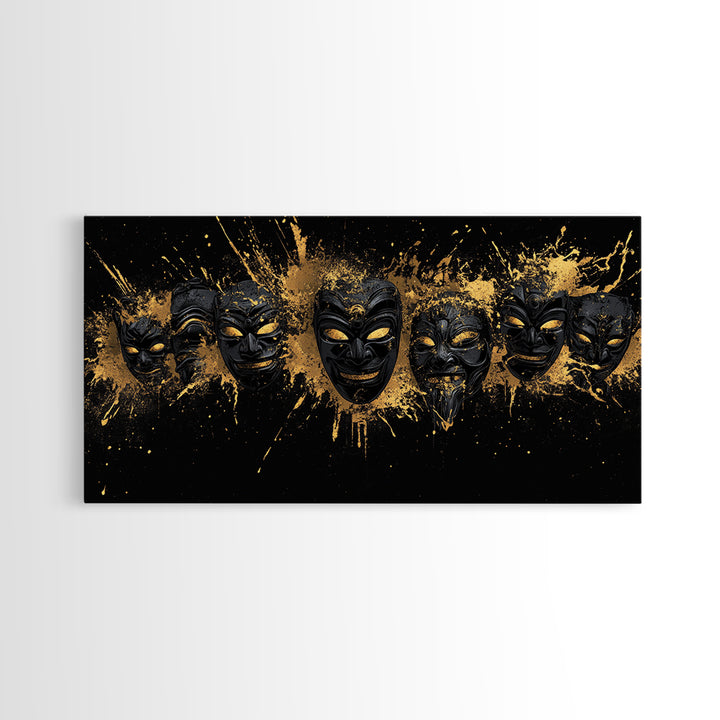Fiery Demon Mask Gold Canvas Print, Ornate Splatter Mask Art On Canvas, Real Wood Frame Wall Décor, Bold Cultural Wall Artwork