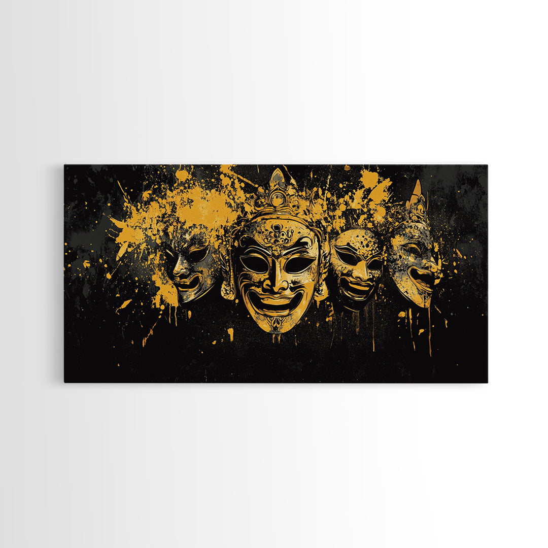 Regal Mask Set Gold Canvas Art, Splatter Tribal Demon Mask Canvas Print, Real Wood Frame Wall Décor, Bold Fierce Statement Artwork