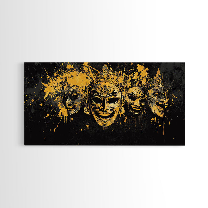 Regal Mask Set Gold Canvas Art, Splatter Tribal Demon Mask Canvas Print, Real Wood Frame Wall Décor, Bold Fierce Statement Artwork