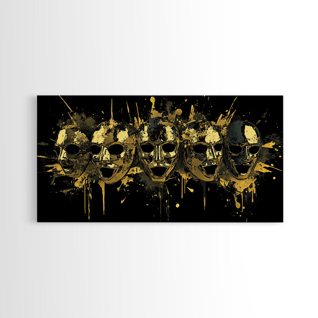 Theatrical Comedy Mask Gold Canvas Print, Splatter Dramatic Art On Canvas, Real Wood Frame Wall Décor, Gothic Statement Artwork