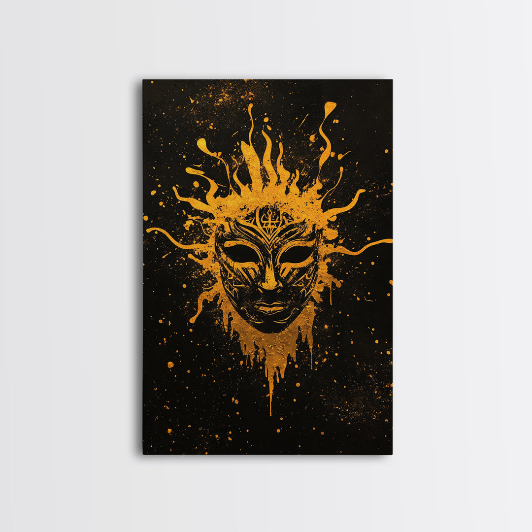 Mystical Tribal Mask Gold Canvas Print, Abstract Face Art, Splatter Style Wall Decor, Real Wood Frame