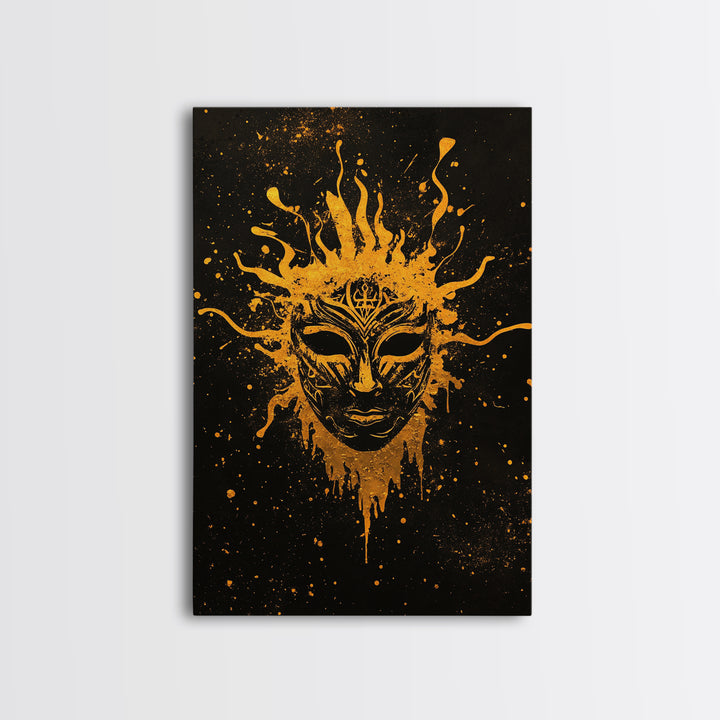 Mystical Tribal Mask Gold Canvas Print, Abstract Face Art, Splatter Style Wall Decor, Real Wood Frame