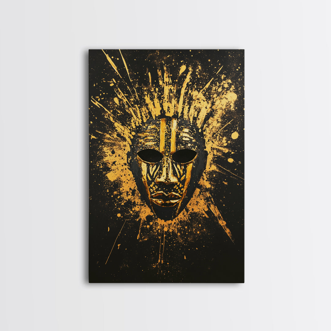 Ancient African Mask Gold Canvas Print, Bold Face Art, Ethnic Splatter Wall Decor, Real Wood Frame