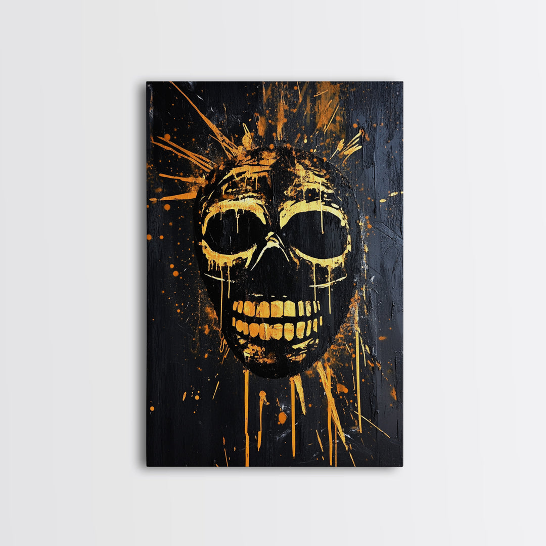 Golden Skull Mask Gold Canvas Print, Dark Gothic Face Art, Horror Splatter Wall Decor, Real Wood Frame
