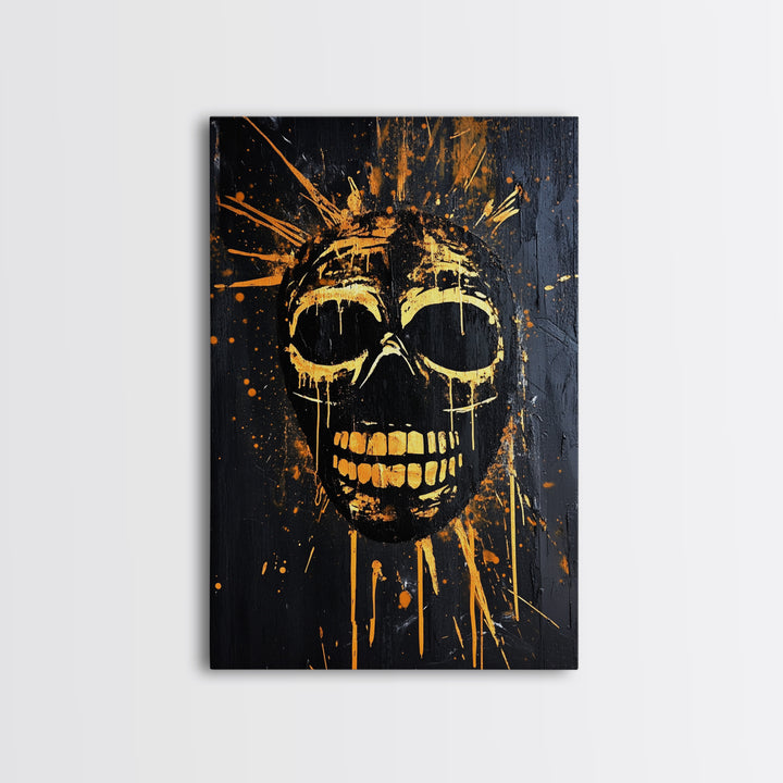 Golden Skull Mask Gold Canvas Print, Dark Gothic Face Art, Horror Splatter Wall Decor, Real Wood Frame