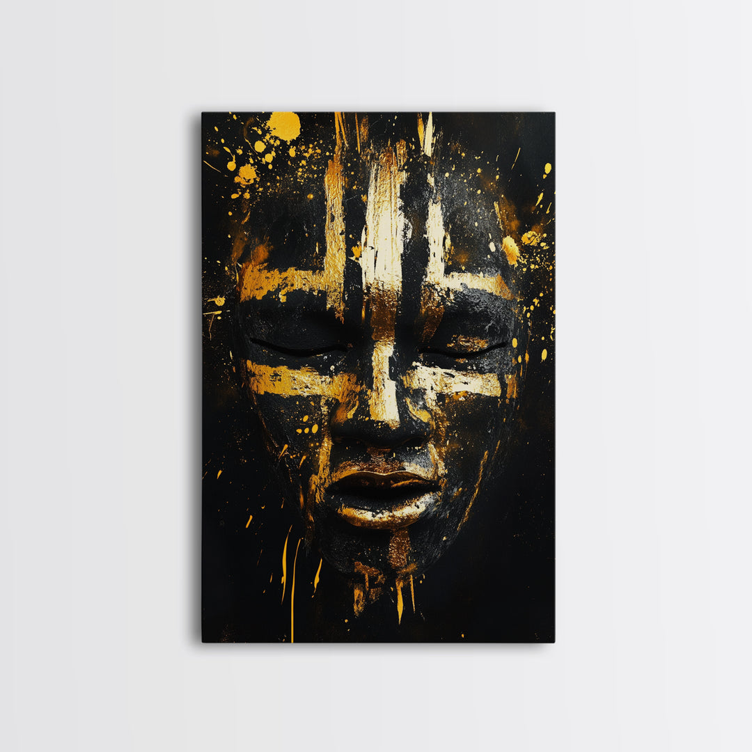 Abstract Painted Mask Gold Canvas Print, Tribal Face Art, Bold Modern Wall Decor, Real Wood Frame