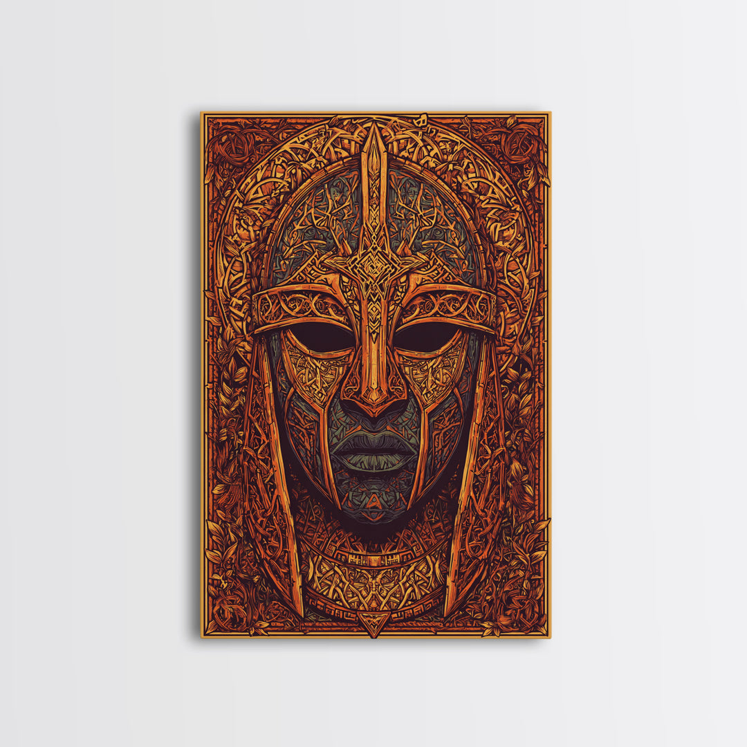 Celtic Warrior Mask Gold Canvas Print, Ornate Medieval Armor Face Art, Mythic Wall Decor, Real Wood Frame