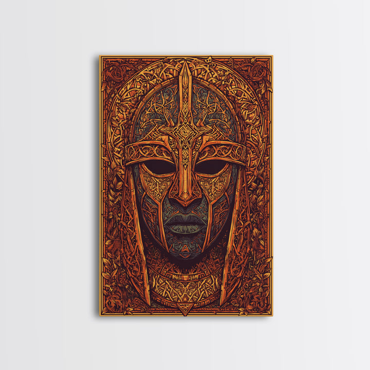 Celtic Warrior Mask Gold Canvas Print, Ornate Medieval Armor Face Art, Mythic Wall Decor, Real Wood Frame