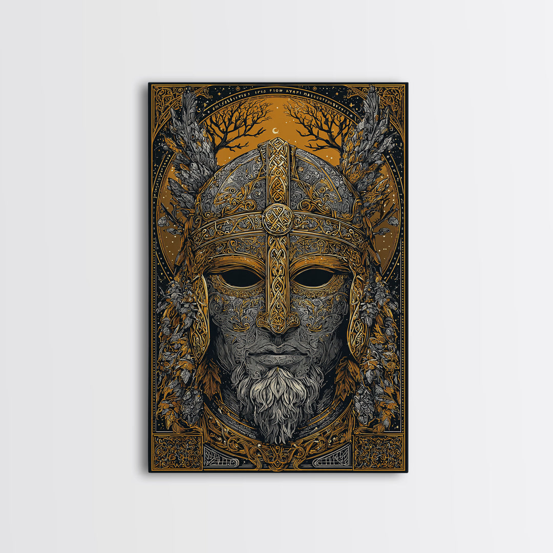 Viking Warrior Mask Gold Canvas Print, Norse Mythology Face Art, Ornate Medieval Wall Decor, Real Wood Frame