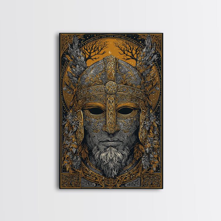 Viking Warrior Mask Gold Canvas Print, Norse Mythology Face Art, Ornate Medieval Wall Decor, Real Wood Frame