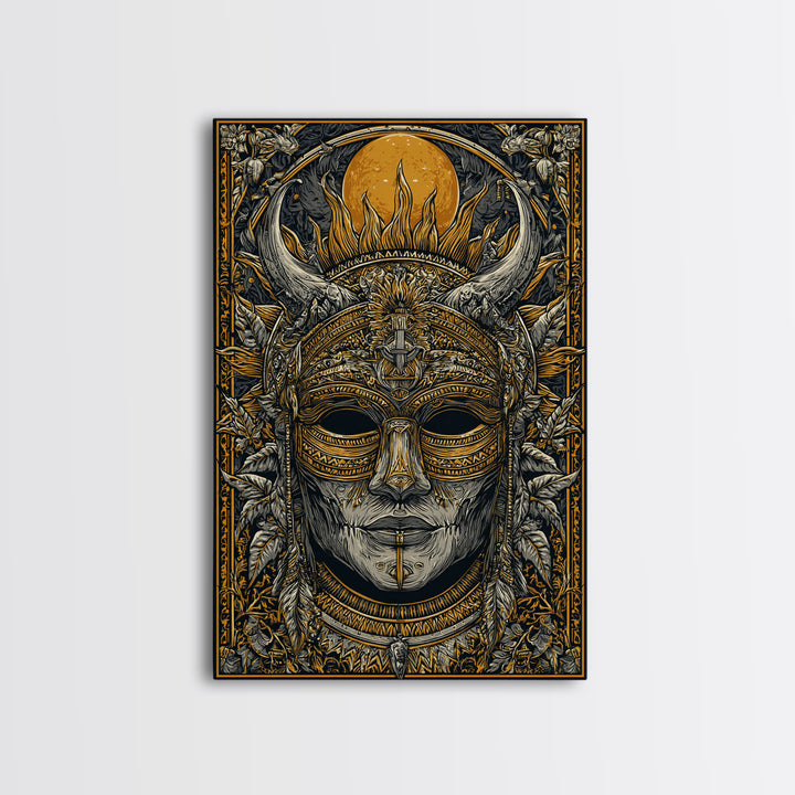 Horned Tribal Mask Gold Canvas Print, Ethnic Warrior Face Art, Ornate Mythic Wall Decor, Real Wood Frame