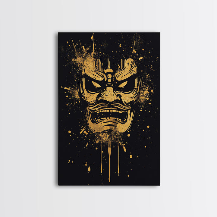 Samurai Oni Mask Gold Canvas Print, Japanese Demon Face Art, Splatter Ink Wall Decor, Real Wood Frame