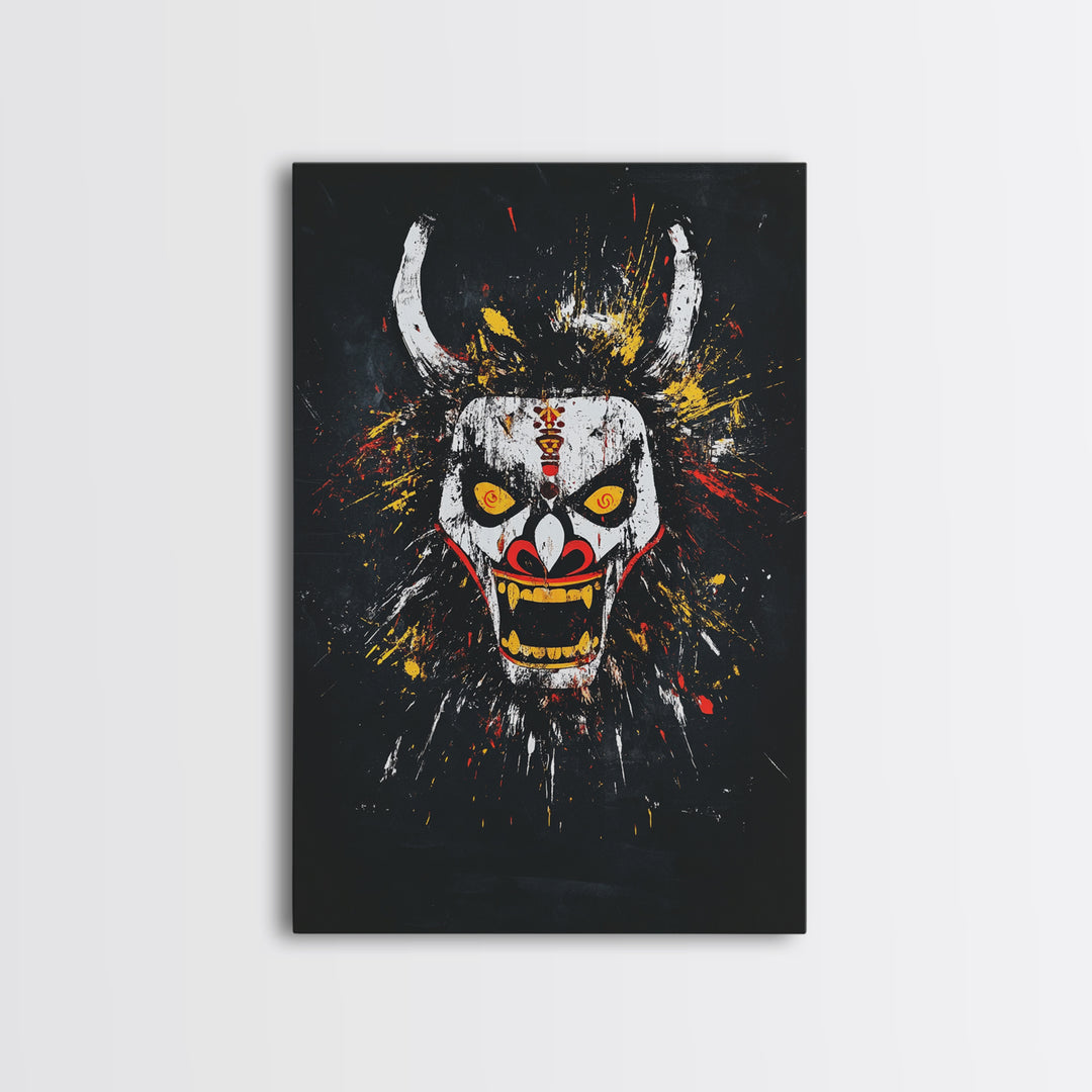 Fiery Demon Mask Gold Canvas Print, Japanese Oni Face Art, Tribal Splatter Style Wall Decor, Real Wood Frame