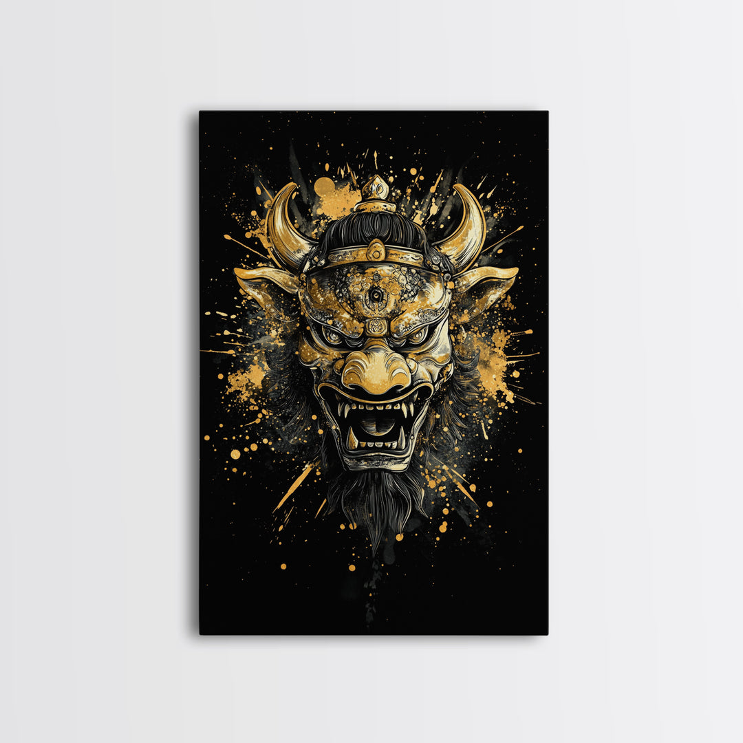 Fierce Demon Mask Gold Canvas Print, Mythical Beast Face Art, Splatter Style Wall Decor, Real Wood Frame
