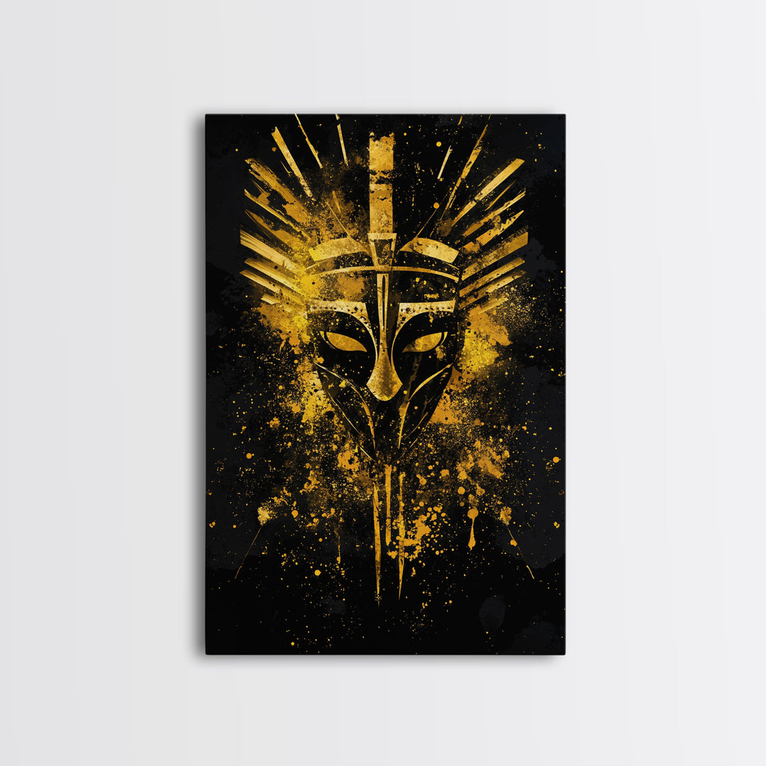 Ancient Warrior Mask Gold Canvas Print, Bold Tribal Face Art, Splatter Ink Wall Decor, Real Wood Frame
