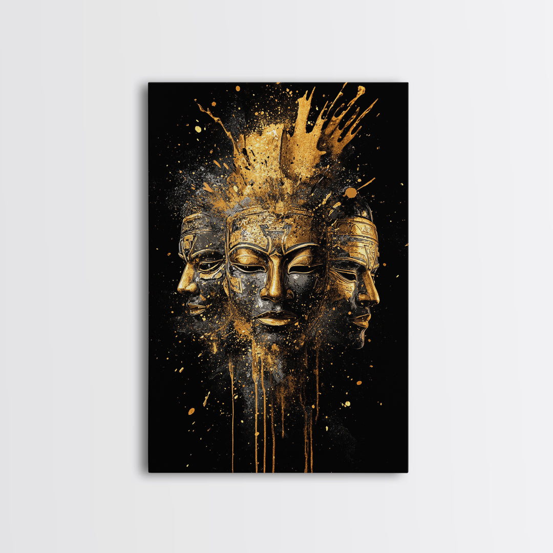 Three Faces Mask Gold Canvas Print, Abstract Spiritual Face Art, Splatter Style Wall Decor, Real Wood Frame
