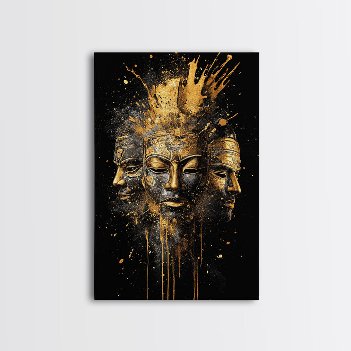 Three Faces Mask Gold Canvas Print, Abstract Spiritual Face Art, Splatter Style Wall Decor, Real Wood Frame