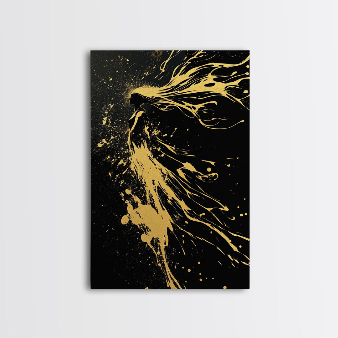 Golden Spirit Woman Gold Canvas Art, Flowing Abstract Female Silhouette, Modern Splatter Wall Decor, Real Wood Frame