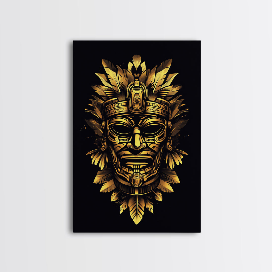 Ancient Aztec God Gold Canvas Print, Ornate Tribal Face Artwork, Ethnic Mythic Wall Decor, Real Wood Frame
