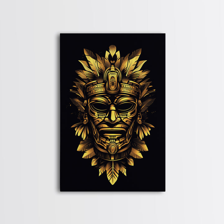 Ancient Aztec God Gold Canvas Print, Ornate Tribal Face Artwork, Ethnic Mythic Wall Decor, Real Wood Frame