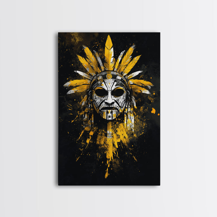 Aztec Skull Mask Gold Canvas Print, Ancient Tribal Face Art, Bold Splatter Style Wall Decor, Real Wood Frame