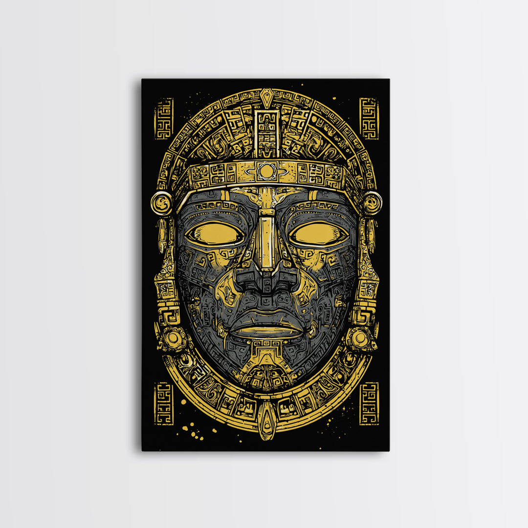 Aztec Warrior Sun Mask Gold Canvas Print, Ornate Tribal Face Artwork, Ancient Ethnic Wall Decor, Real Wood Frame