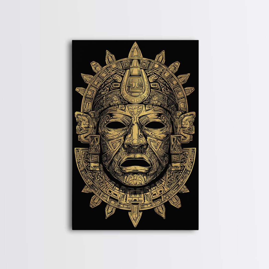 Aztec Deity Mask Gold Canvas Print, Ornate Tribal Face Artwork, Ancient Cultural Wall Hanging, Real Wood Frame