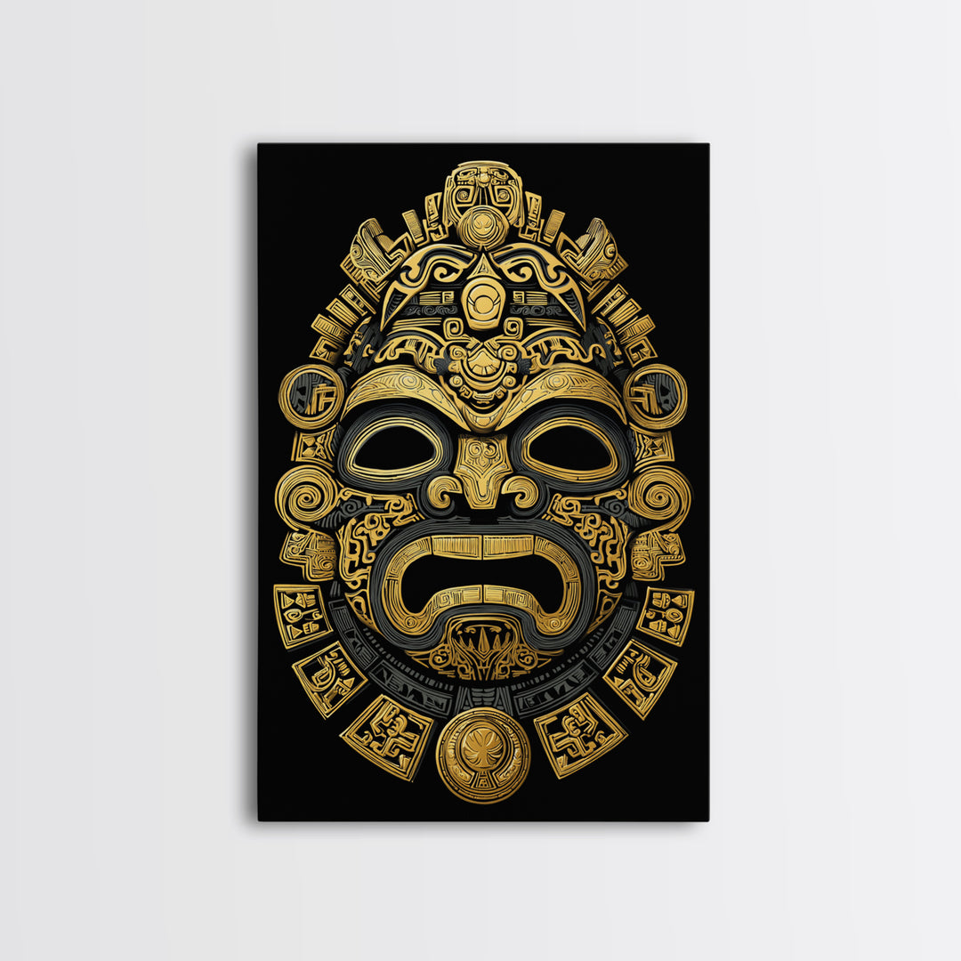 Aztec Feathered God Mask Gold Canvas Print, Ornate Tribal Face Artwork, Ancient Ethnic Wall Decor, Real Wood Frame