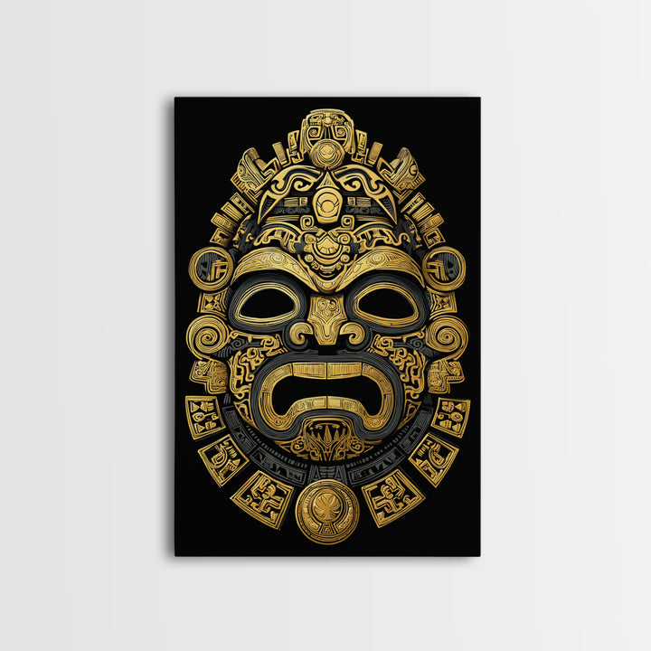 Aztec Feathered God Mask Gold Canvas Print, Ornate Tribal Face Artwork, Ancient Ethnic Wall Decor, Real Wood Frame