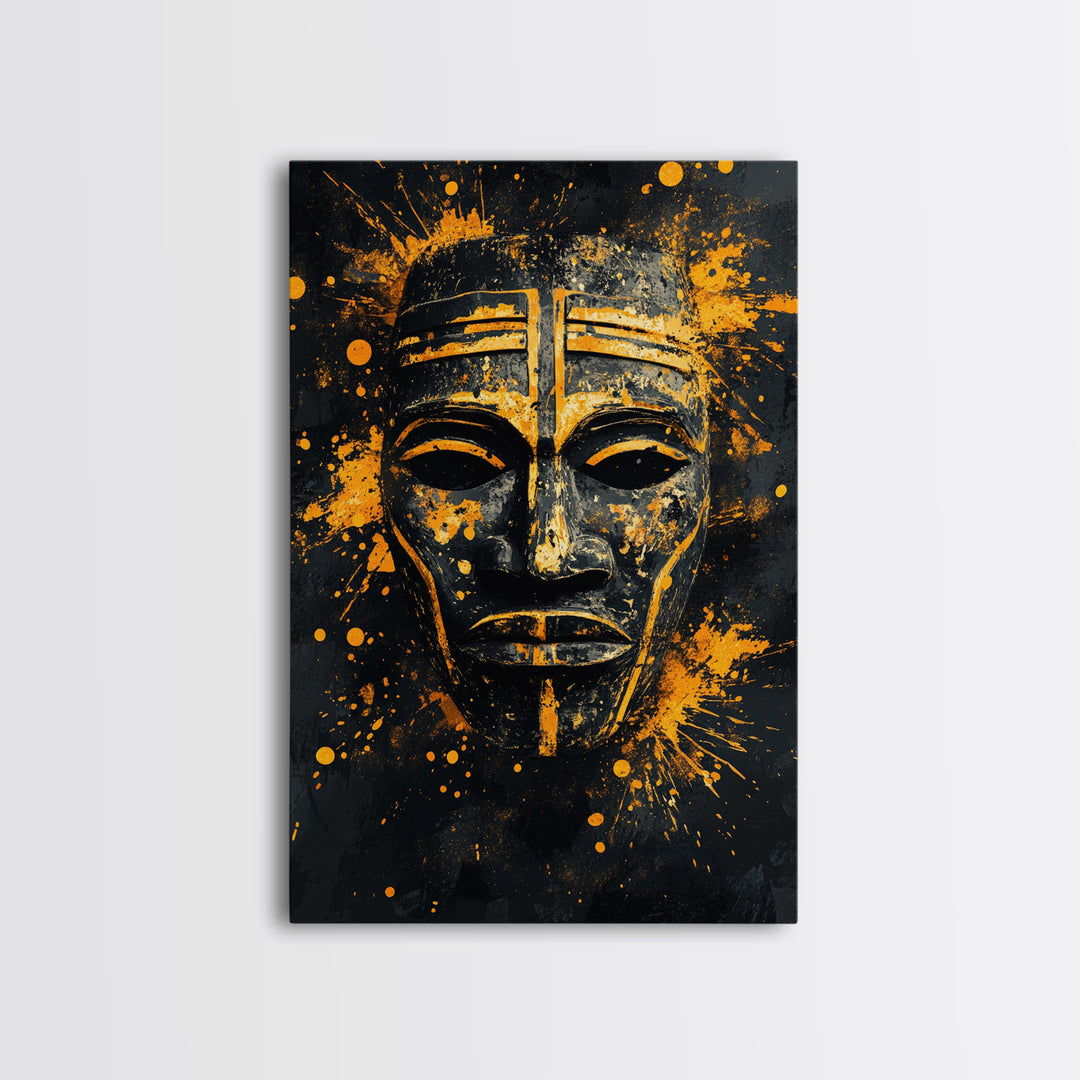 Bakongo Ritual Mask Gold Canvas Print, African Ethnic Face Art, Spiritual Tribal Wall Hanging Decor, Real Wood Frame