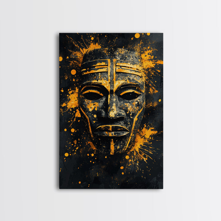 Bakongo Ritual Mask Gold Canvas Print, African Ethnic Face Art, Spiritual Tribal Wall Hanging Decor, Real Wood Frame