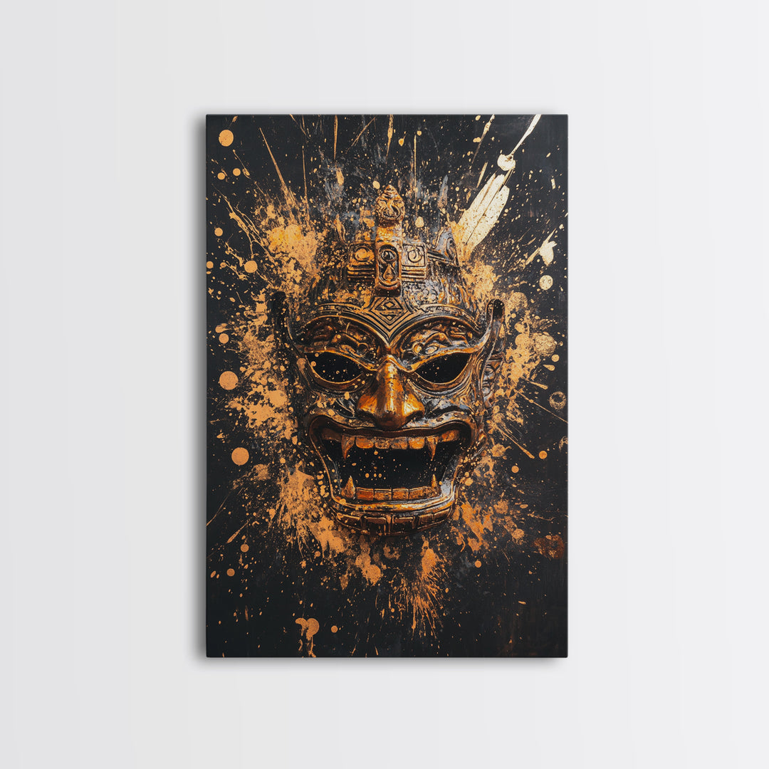 Balinese Demon Mask Gold Canvas Print, Ornate Tribal Face Art, Mythical Splatter Style Wall Decor, Real Wood Frame