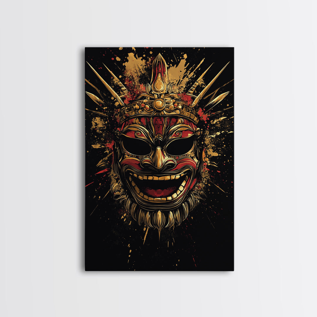 Balinese Guardian Mask Gold Canvas Print, Ornate Tribal Face Artwork, Cultural Ethnic Wall Decor, Real Wood Frame