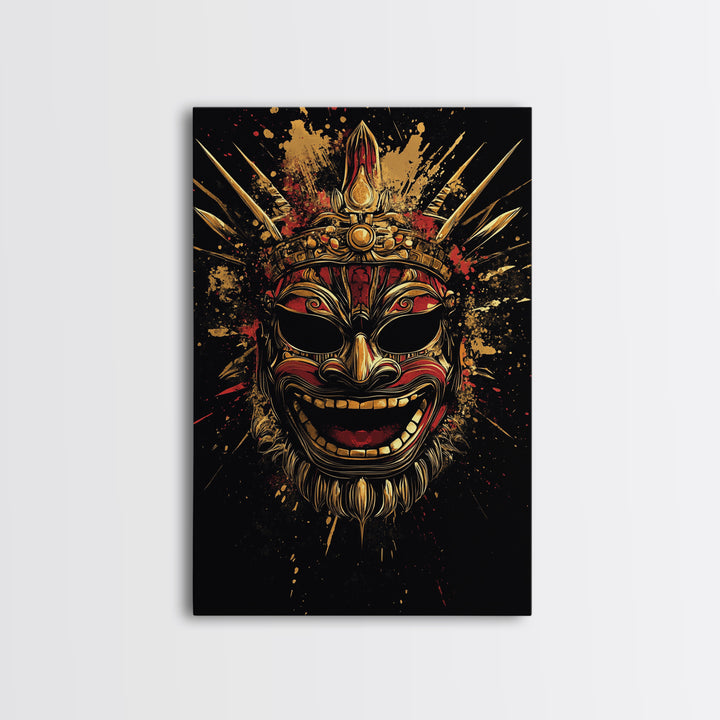 Balinese Guardian Mask Gold Canvas Print, Ornate Tribal Face Artwork, Cultural Ethnic Wall Decor, Real Wood Frame