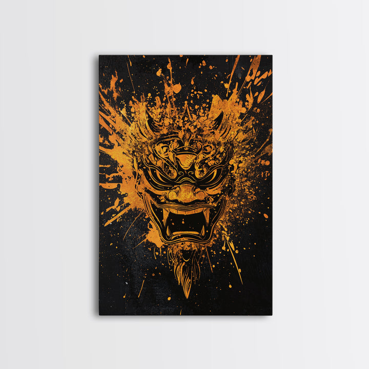 Balinese Spirit Mask Gold Canvas Print, Ornate Tribal Face Artwork, Cultural Mythic Wall Decor, Real Wood Frame