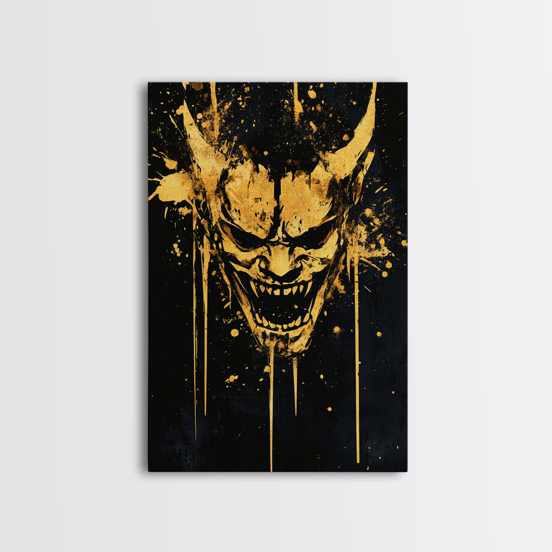 Demonic Splatter Mask Gold Canvas Print, Fierce Abstract Face Art, Bold Horror Inspired Wall Decor, Real Wood Frame
