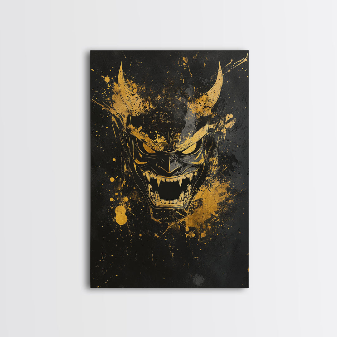 Oni Demon Mask Gold Canvas Print, Japanese Inspired Splatter Artwork, Fierce Mythical Wall Decor, Real Wood Frame