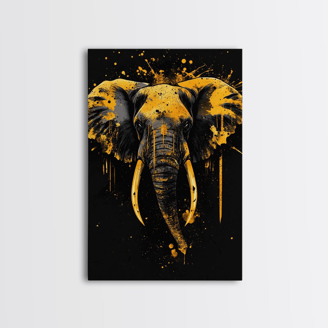 Elephant Head Gold Canvas Print, Splatter Style Wildlife Artwork, Majestic Animal Wall Decor, Real Wood Frame