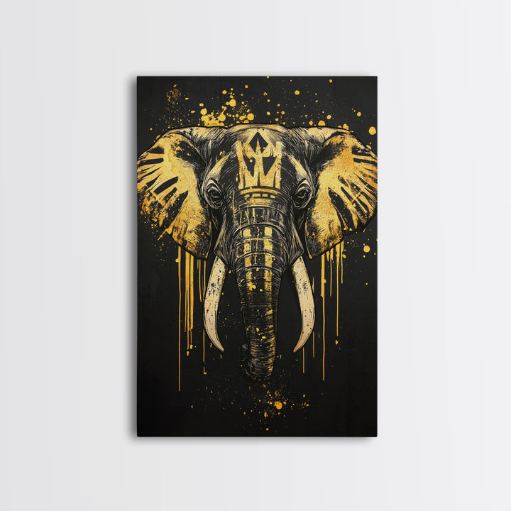 Royal Elephant Gold Canvas Print, Splatter Style Tribal Artwork, Majestic Animal Wall Decor, Real Wood Frame